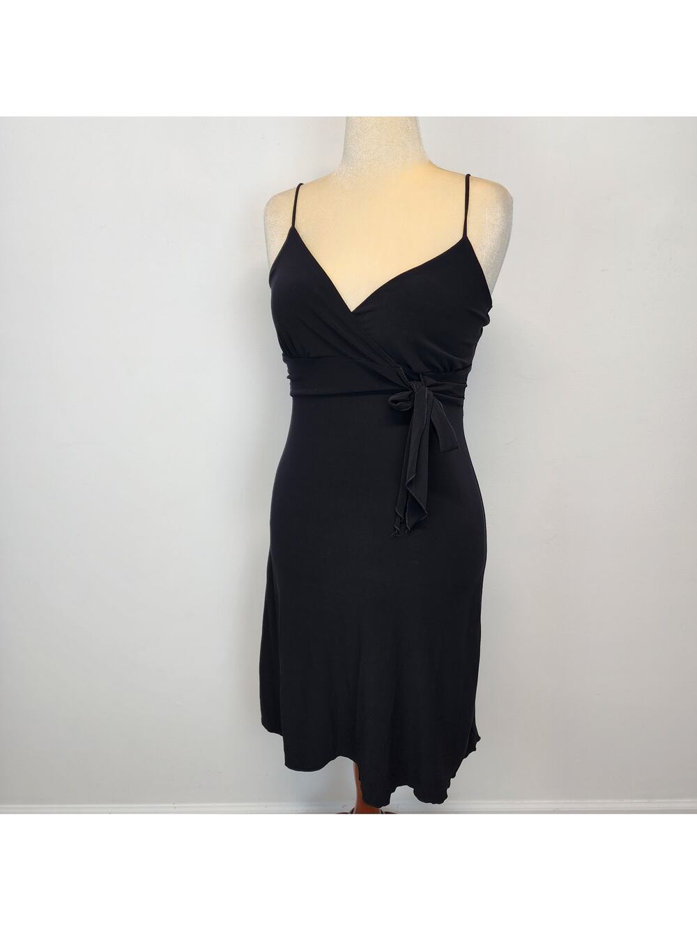 Perseption Black Tie Front Dress Size M Flowy Stretch Jersey V-neck Vintage Y2K